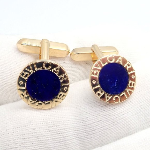 Authentic! Bvlgari Bulgari 18k Yellow Gold Lapis Lazuli Cufflinks - Picture 7 of 10